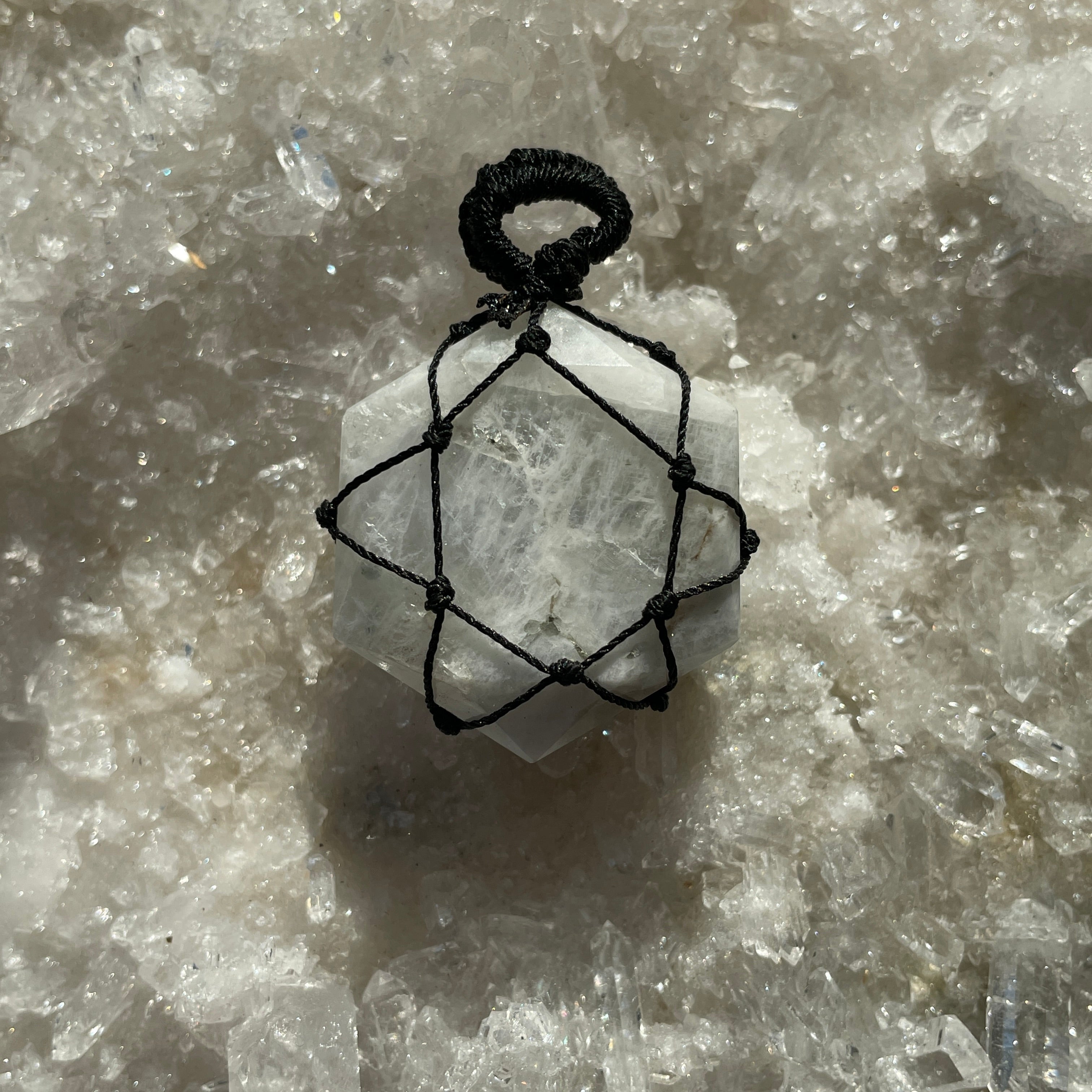 Rainbow Moonstone - Macrame Wrapped Hexagonal Pendant Rainbow Moonstone - Macrame Wrapped Hexagonal Pendant